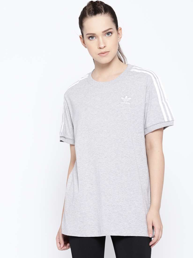 Buy ADIDAS Originals Women Grey Melange Solid 3 Stripes Longline T Shirt Tshirts for Women 8809693 Myntra