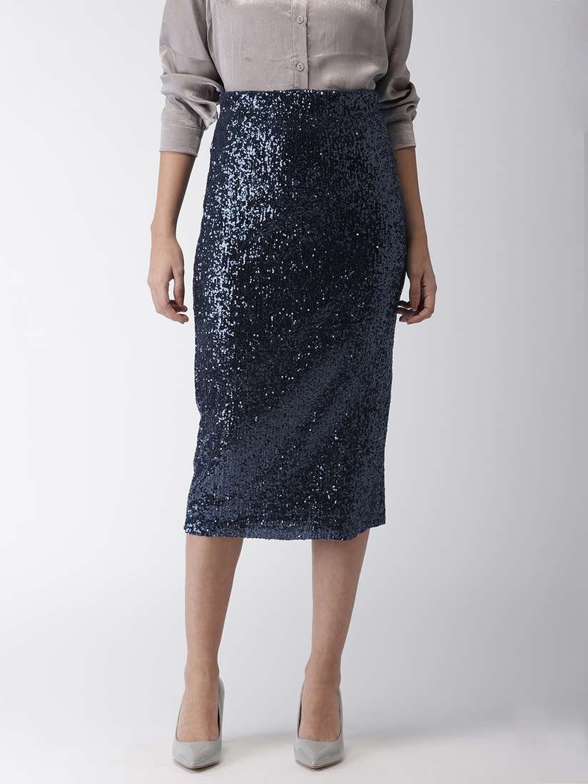 Buy FOREVER 21 Women Navy Blue Sequinned Straight Skirt Skirts