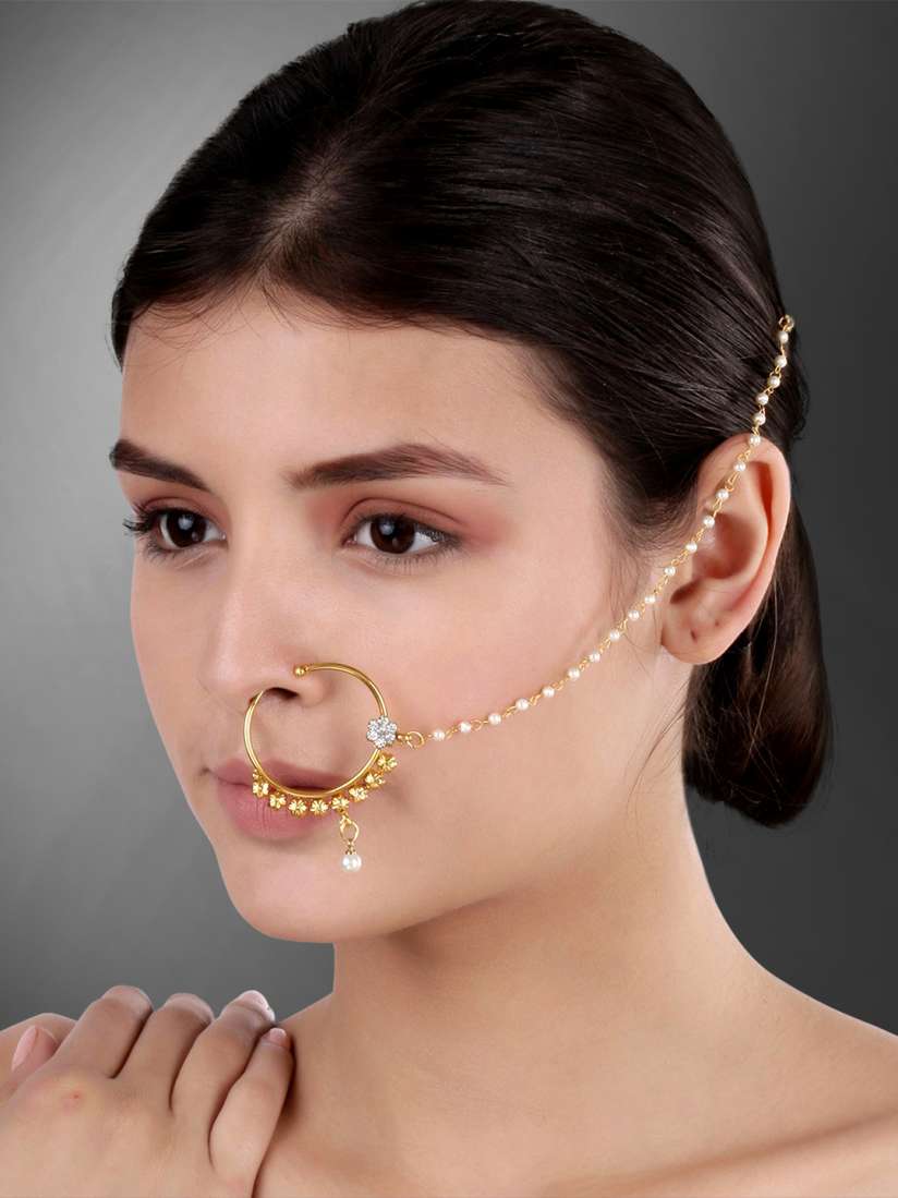 Buy Peora Women 18K Gold Plated Wedding Pearl AD Nose Ring Nath with Pearl Chain Nosepin for Women 8826973 Myntra