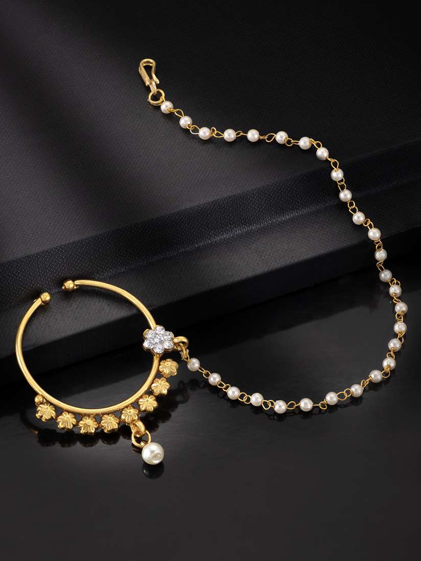 Buy Peora Women 18K Gold Plated Wedding Pearl AD Nose Ring Nath with Pearl Chain Nosepin for Women 8826973 Myntra