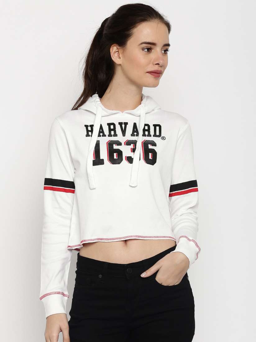 Buy HARVARD White Printed Hooded Crop Sweatshirt Sweatshirts for Women 885340 Myntra