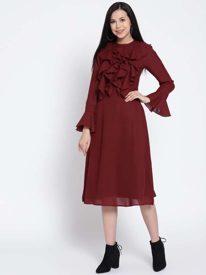 Buy StalkBuyLove Women Maroon Solid Ruffled Midi Fit Flare Dress Dresses for Women 8856521 Myntra