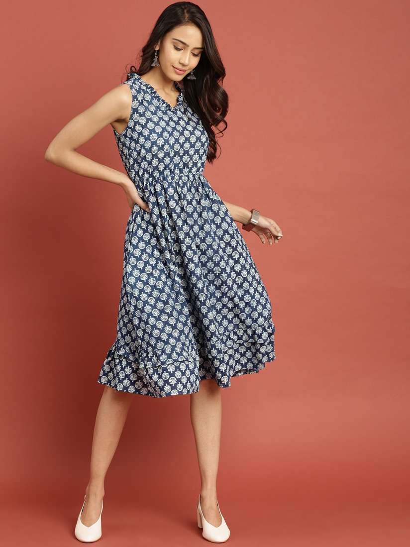 Buy Taavi Blue Indigo Hand Block Print A Line Pure Cotton Dress with Layered Hem Ethnic Dresses for Women 8859861 Myntra