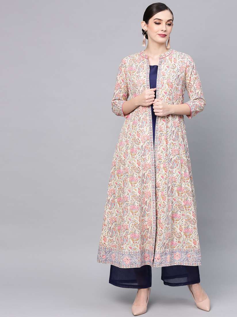 Buy AKS Women Off White Pink Printed Longline Open Front Ethnic Jacket Jackets for Women 8888555 Myntra
