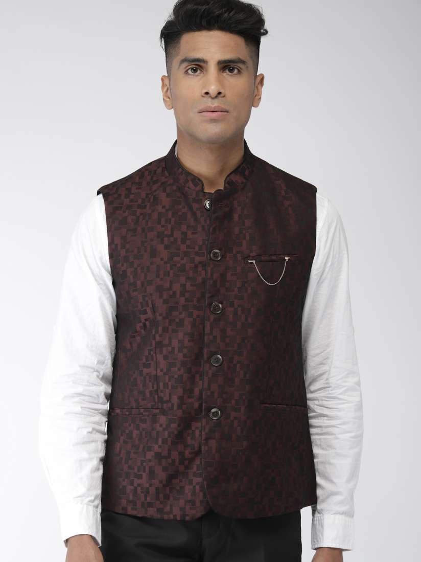 Buy Arrow Men Maroon Black Body Tailored Fit Woven Design Nehru Jacket Waistcoat for Men 8908005 Myntra