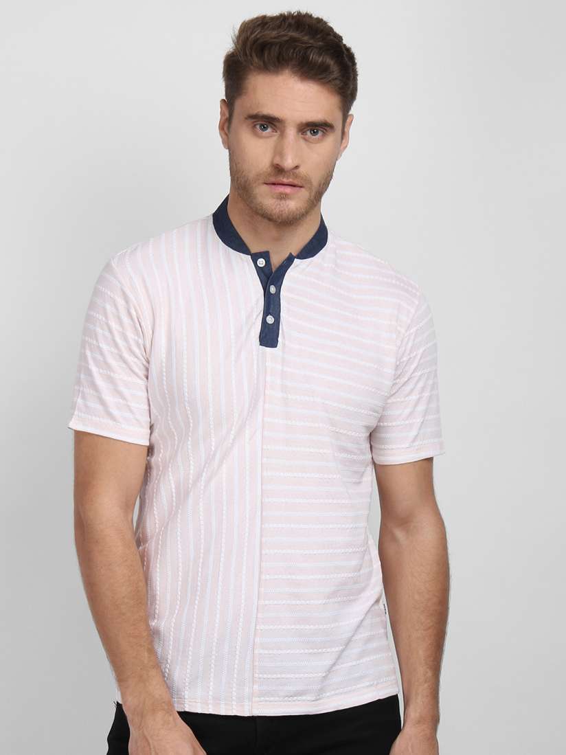 Buy LA LOFT Men Pink Striped Mandarin Collar T shirt Tshirts for Men 8946395 Myntra