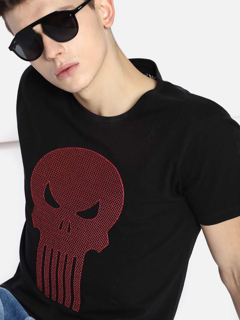 Buy Kook N Keech Marvel Punisher Men Black Red Embroidered Round Neck Pure Cotton T shirt Tshirts for Men 8975329 Myntra