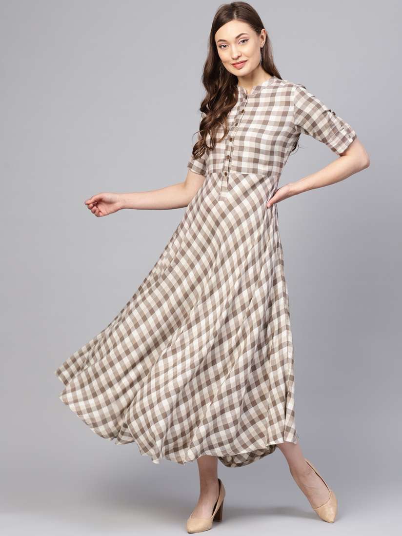 Buy Jaipur Kurti Women Brown Checked Maxi Dress Dresses for Women 9000139 Myntra