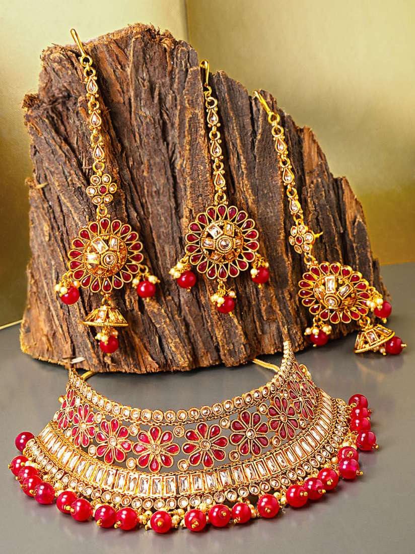 Buy damani Gold Toned Red Beads Studded Jewellery Set Jewellery Set for Women 9008991 Myntra