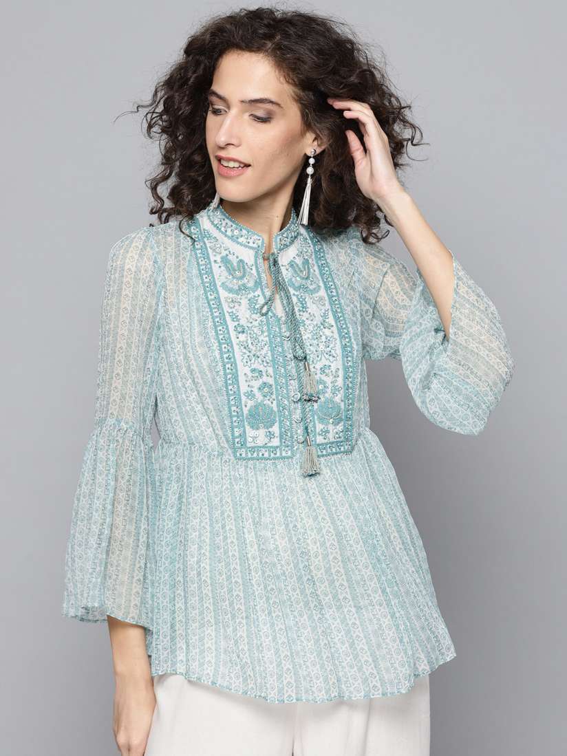 Buy Ritu Kumar Women Blue White Printed Semi Sheer A Line Kurti Kurtis for Women 9010667 Myntra
