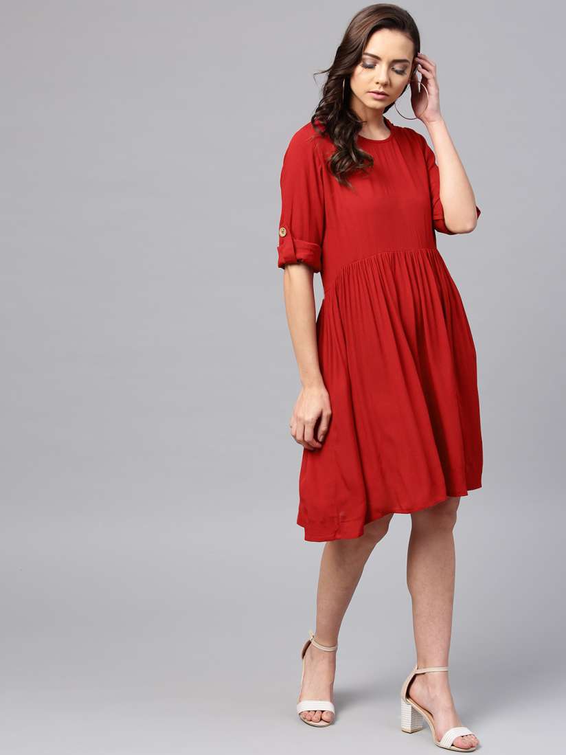 Buy Femella Women Red Solid Fit and Flare Dress Dresses for Women 9012059 Myntra