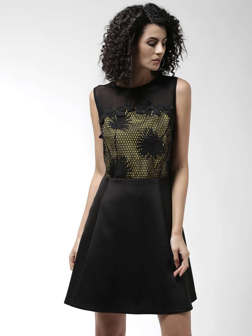 Buy Madame Women Black Lime Green Self Design Fit Flare Dress Dresses for Women 9071681 Myntra