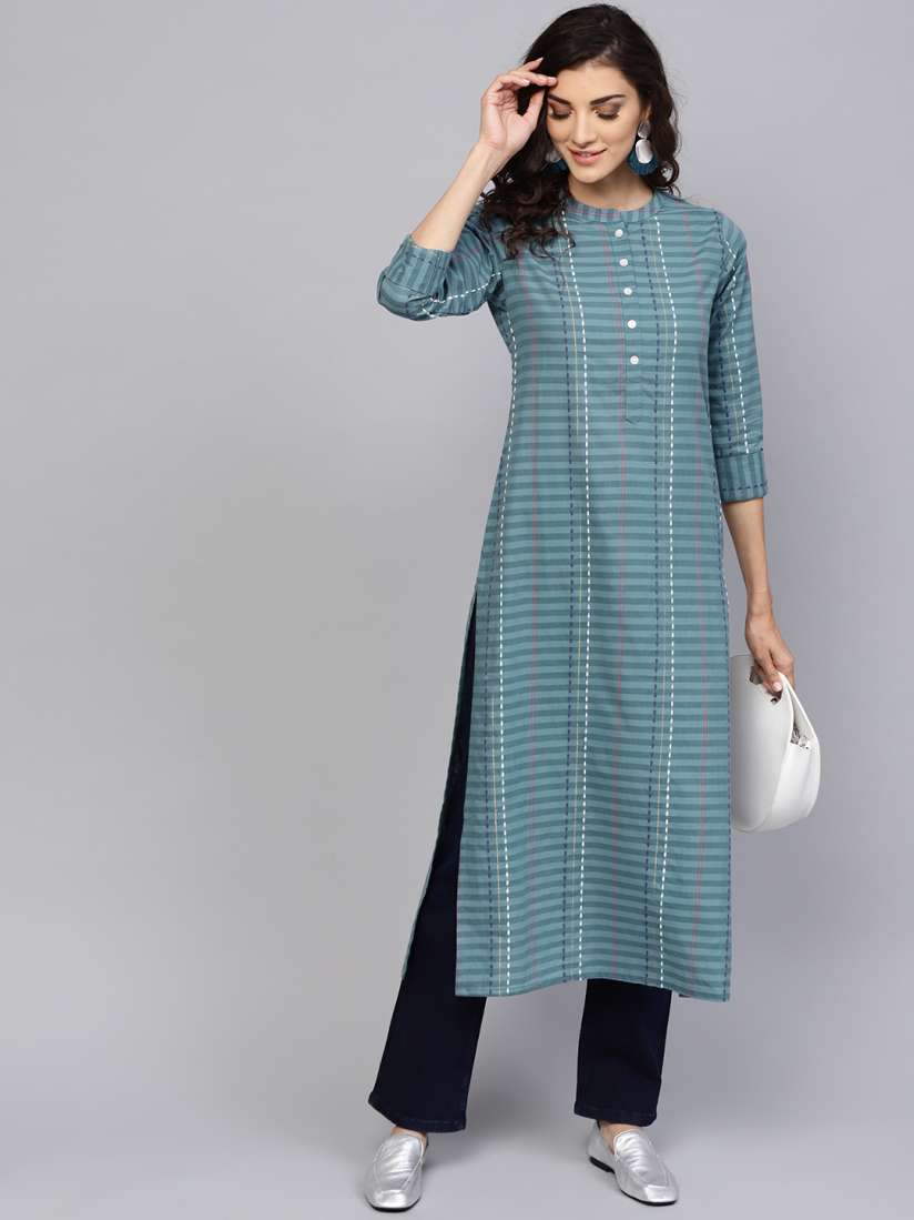 Buy Libas Women Green Self Striped Straight Kurta Kurtas for Women 9088575 Myntra