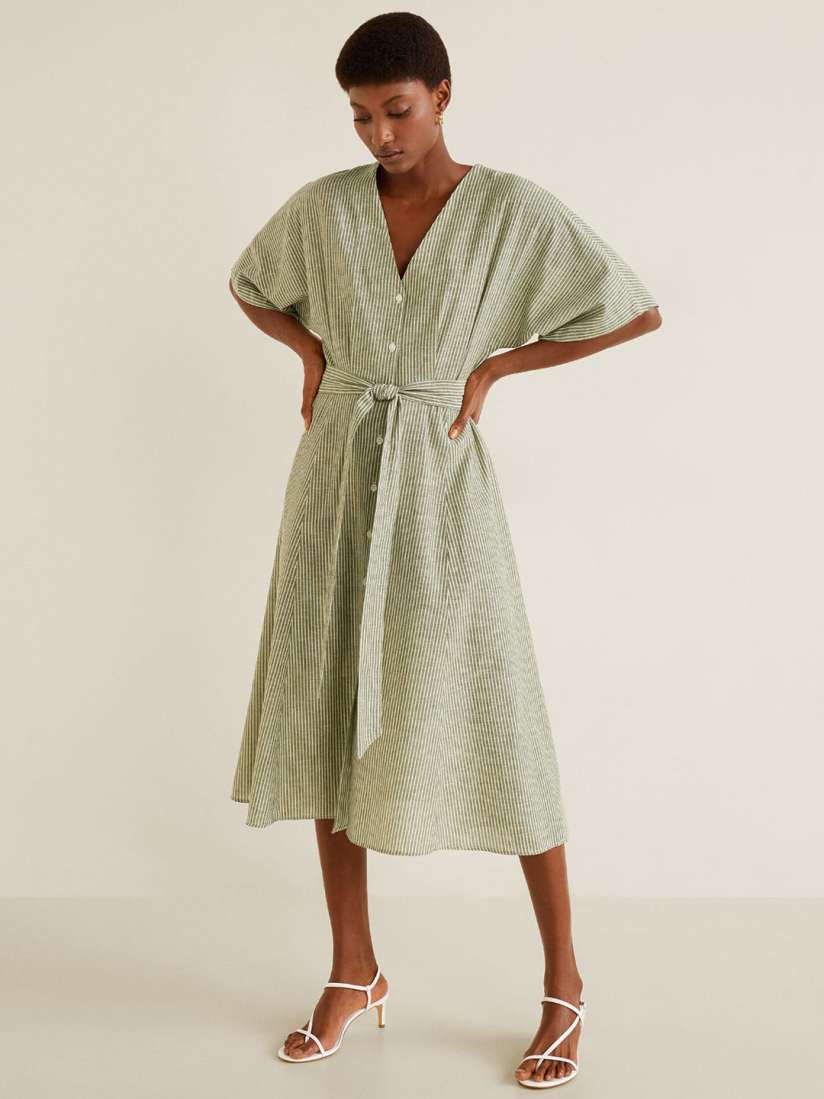 Buy MANGO Women Olive Green White Striped Midi A Line Dress Dresses for Women 9118069 Myntra