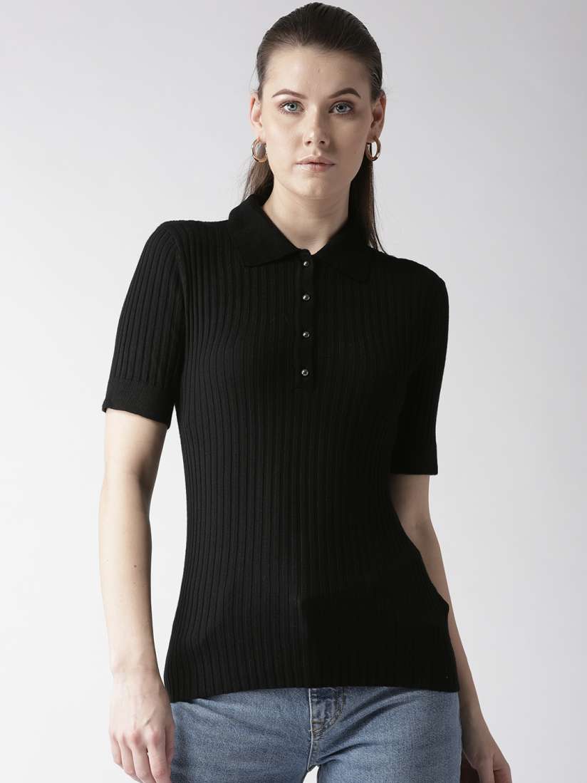 Buy Marks Spencer Women Black Self Striped Polo Collar T shirt Tshirts for Women 9136533 Myntra