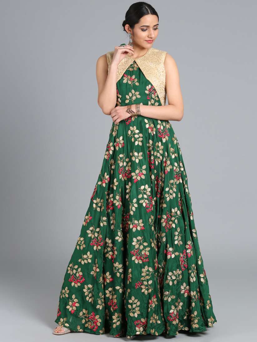 Buy Bollywood Vogue Women Green Made to Measure Embellished Maxi Gown With Ethnic Jacket Dresses for Women 9140083 Myntra