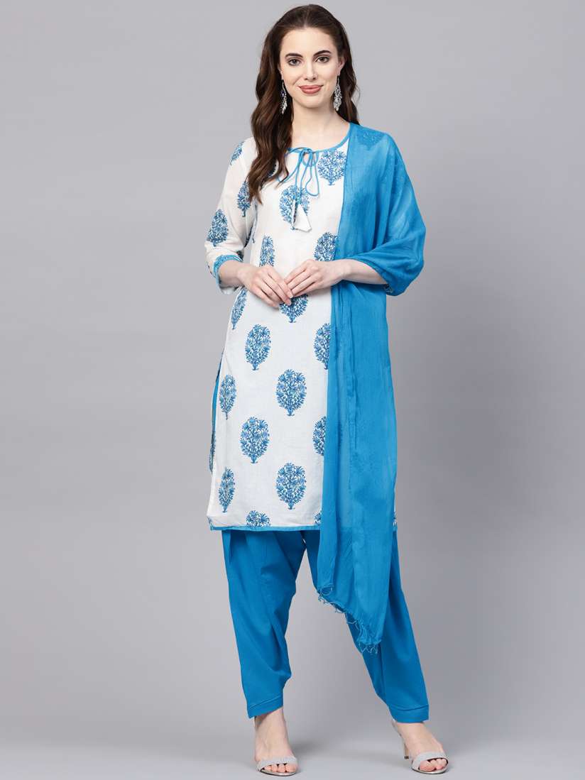 Buy Jaipur Kurti Women White Blue Printed Kurta with Salwar Dupatta Kurta Sets for Women 9170249 Myntra