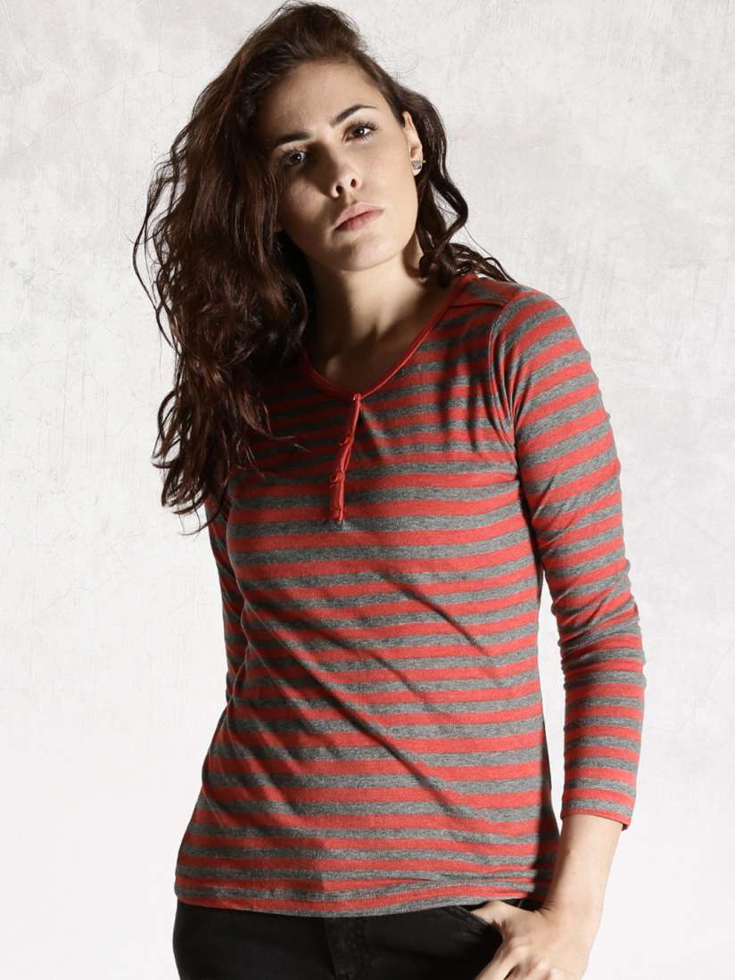 Buy Roadster Red Grey Melange Striped Henley T shirt Tshirts for Women 919022 Myntra