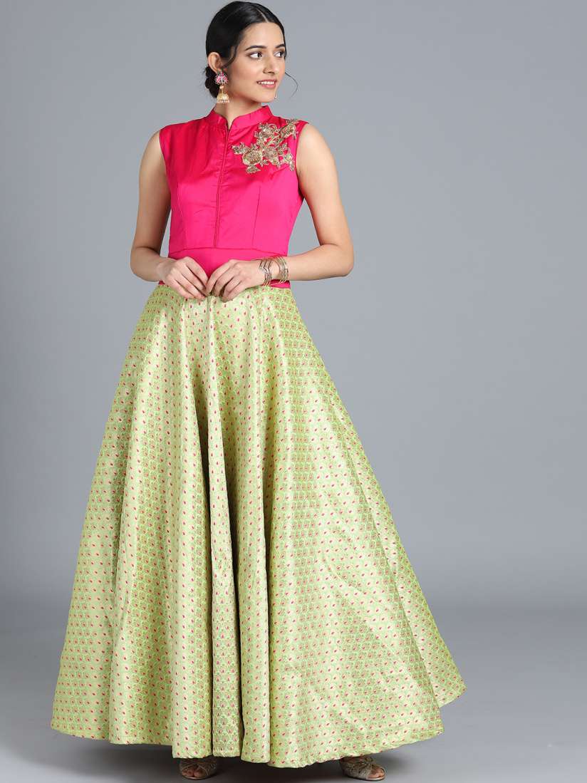 Buy Bollywood Vogue Women Green Fuchsia Pink Made to Measure Printed Brocade Cocktail Gown Dresses for Women 9271865 Myntra