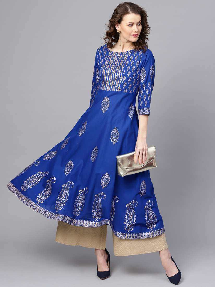 Buy ZOEYAMS Women Blue Golden Block Print A Line Kurta Kurtas for Women 9295663 Myntra