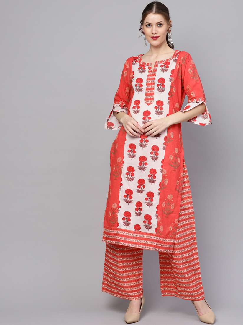Buy ZOEYAMS Women Coral Orange White Printed Kurta with Palazzos Kurta Sets for Women 9295831 Myntra