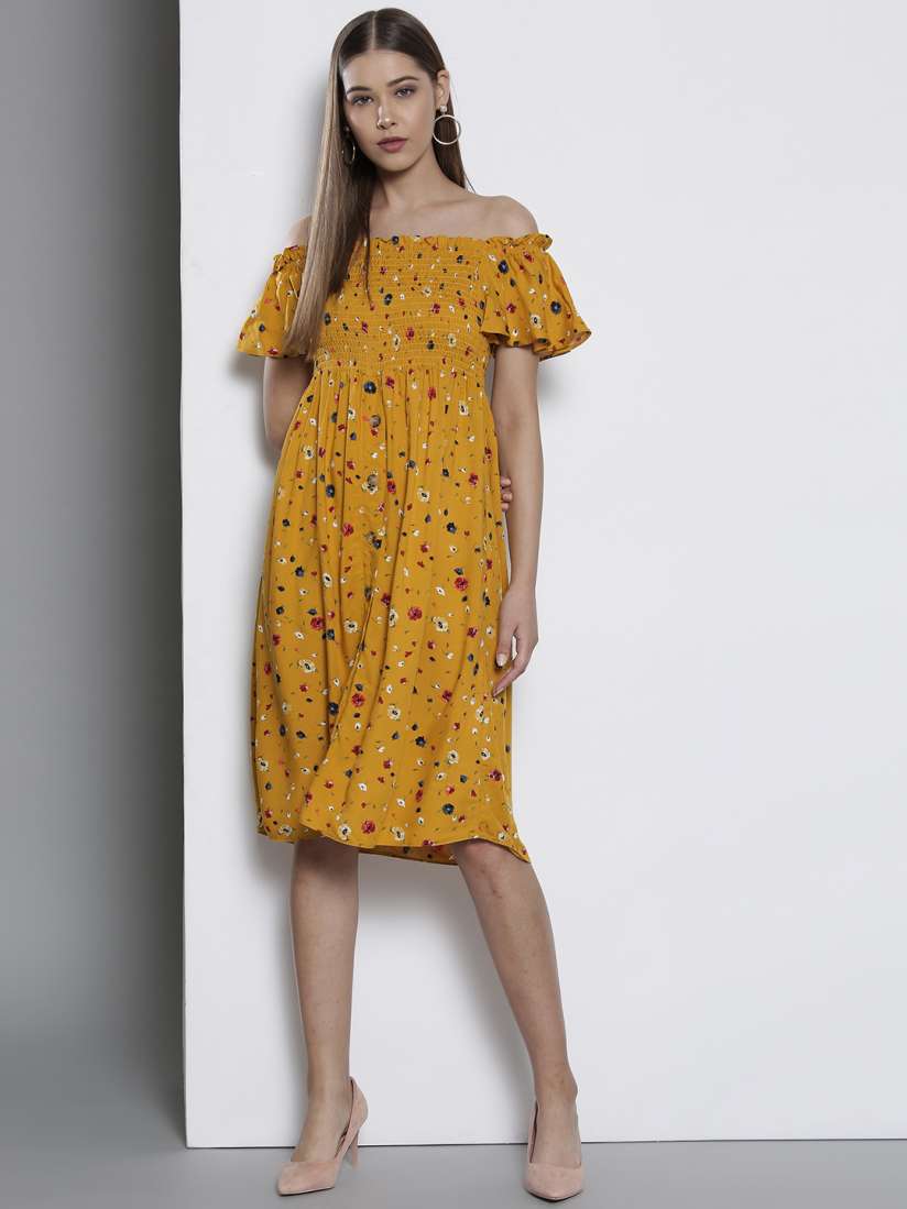 Buy DOROTHY PERKINS Women Petite Mustard Yellow Navy Printed Bardot Empire Dress Dresses for Women 9306925 Myntra