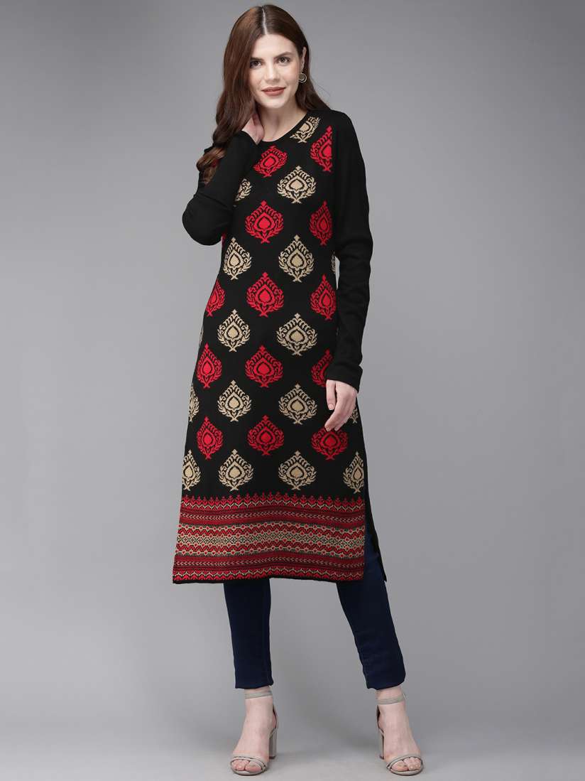 Buy Anouk Women Black Red Woven Design Straight Sweater Kurta Kurtas for Women 9335767 Myntra
