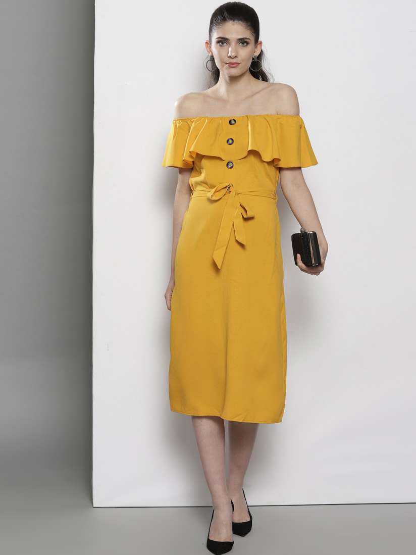 Buy DOROTHY PERKINS Women Mustard Yellow Solid Bardot A Line Dress Dresses for Women 9348917 Myntra
