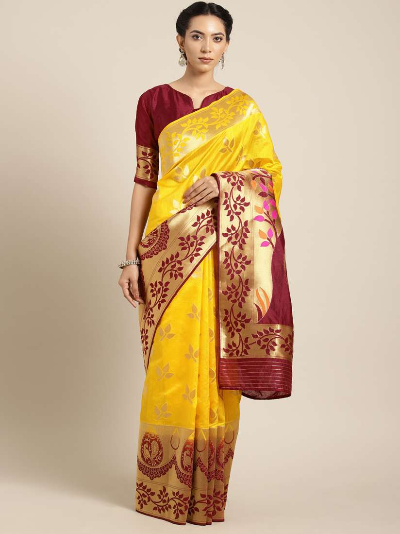 Buy Aarrah Mustard Yellow Maroon Woven Design Pure Marathi Paithani Silk Saree Sarees for Women 9361091 Myntra
