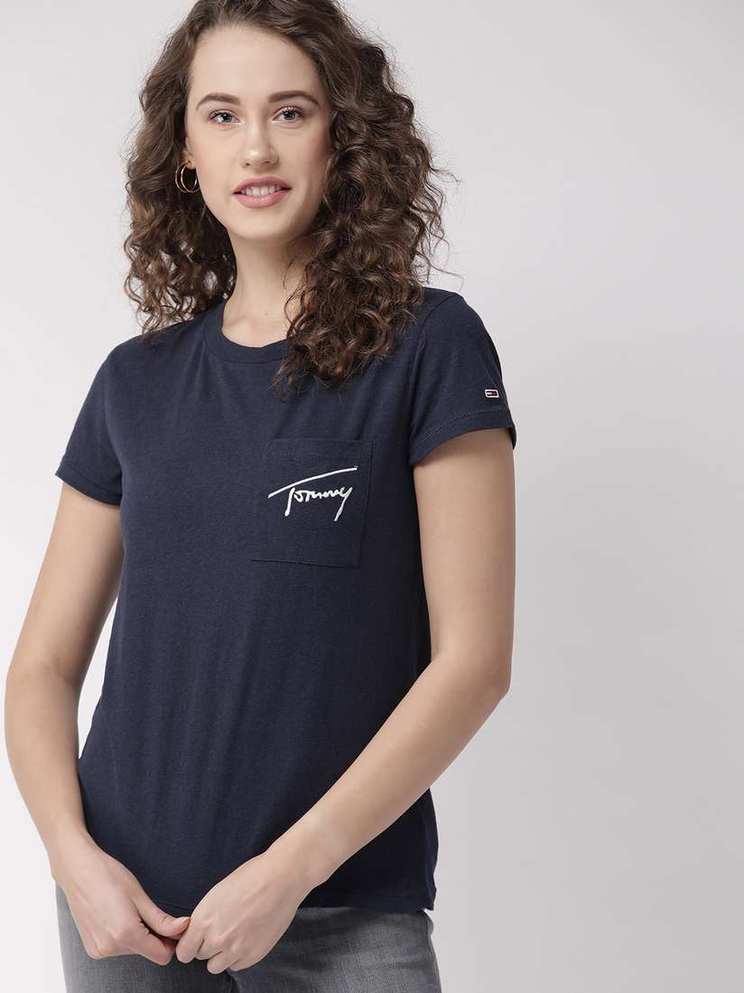 Buy Tommy Hilfiger Women Navy Blue Solid Round Neck T-shirt