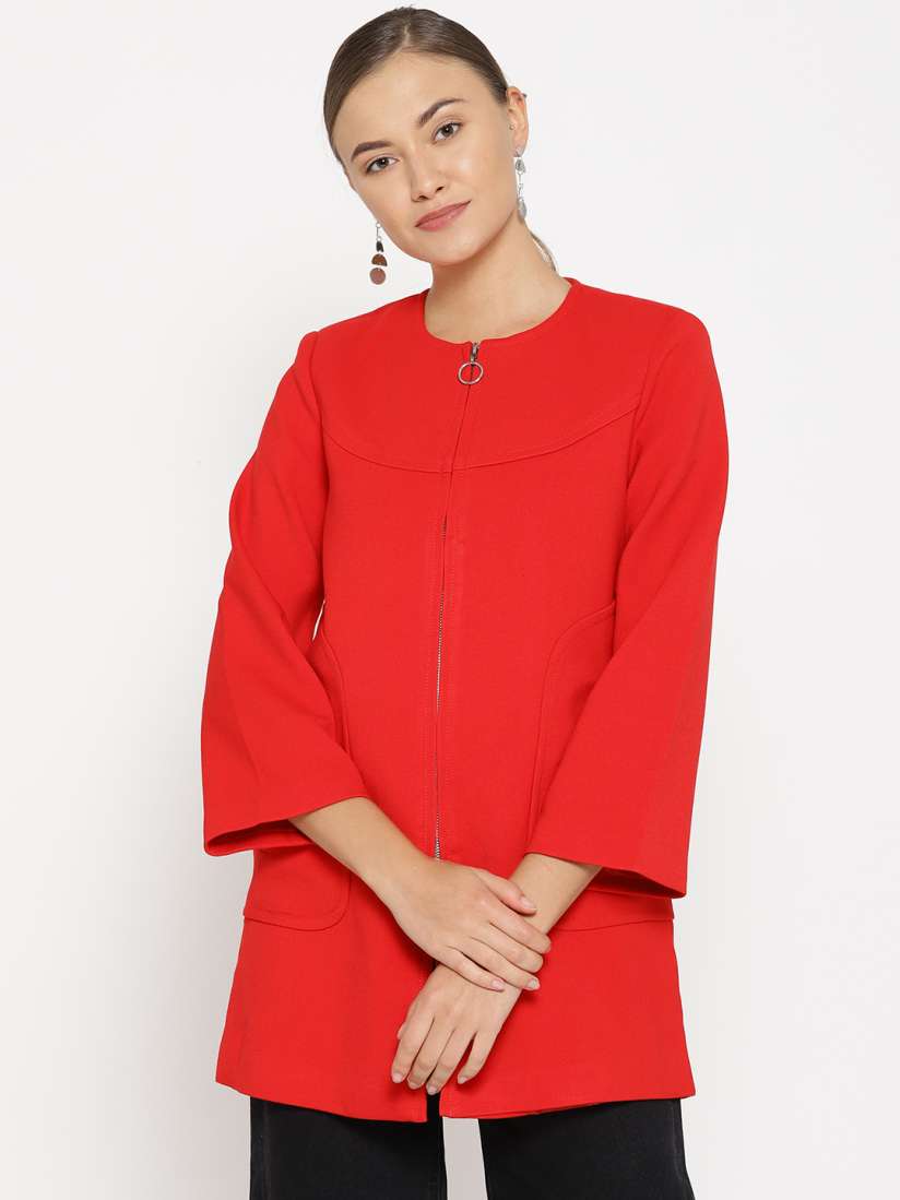 Red collarless coat clearance