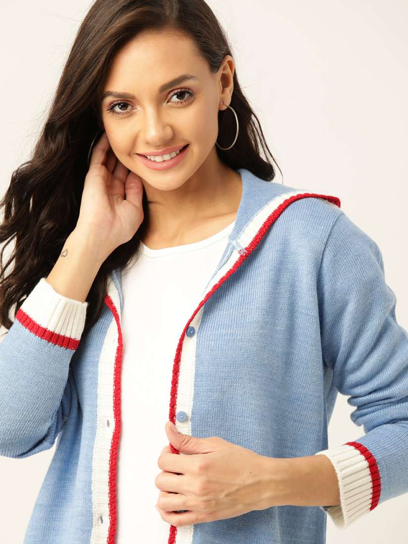 Buy DressBerry Women Blue Solid Hooded Cardigan Sweater Sweaters for Women 9403281 Myntra