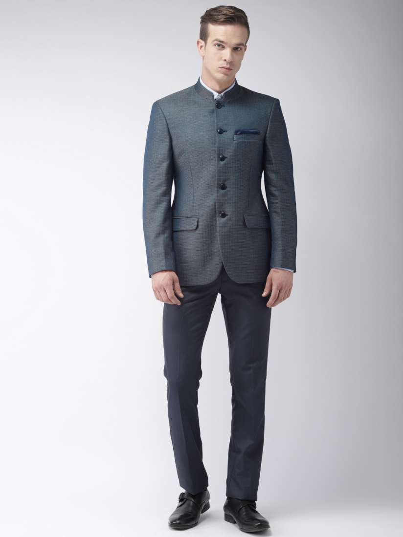 Buy Raymond Men Blue Self Design Contemporary Fit Single Breasted Bandhgala Blazer Blazers for Men 9434397 Myntra