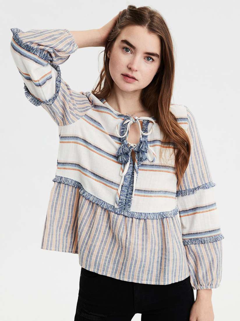 Buy AMERICAN EAGLE OUTFITTERS Women Beige Blue Striped Peplum Top Tops for Women 9469003 Myntra