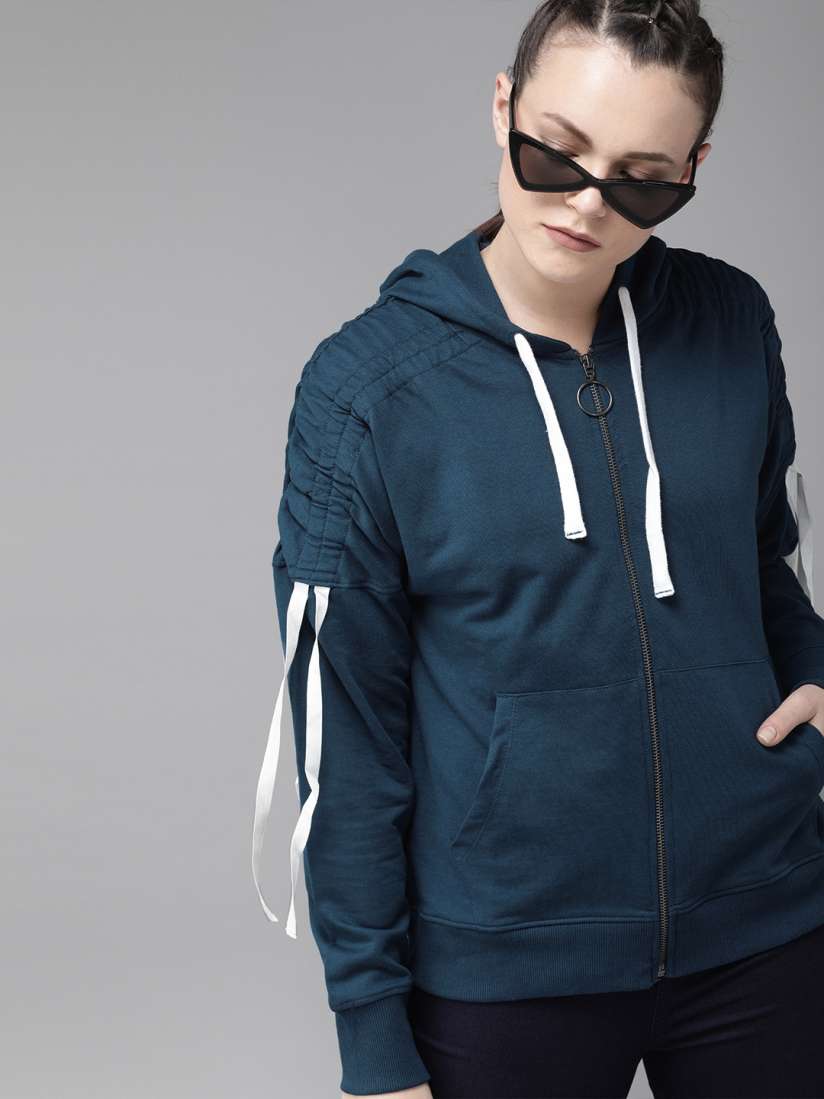 Buy The Roadster Lifestyle Co Women Teal Blue Solid Hooded Sweatshirt With Taping Detail Sweatshirts for Women 9477945 Myntra