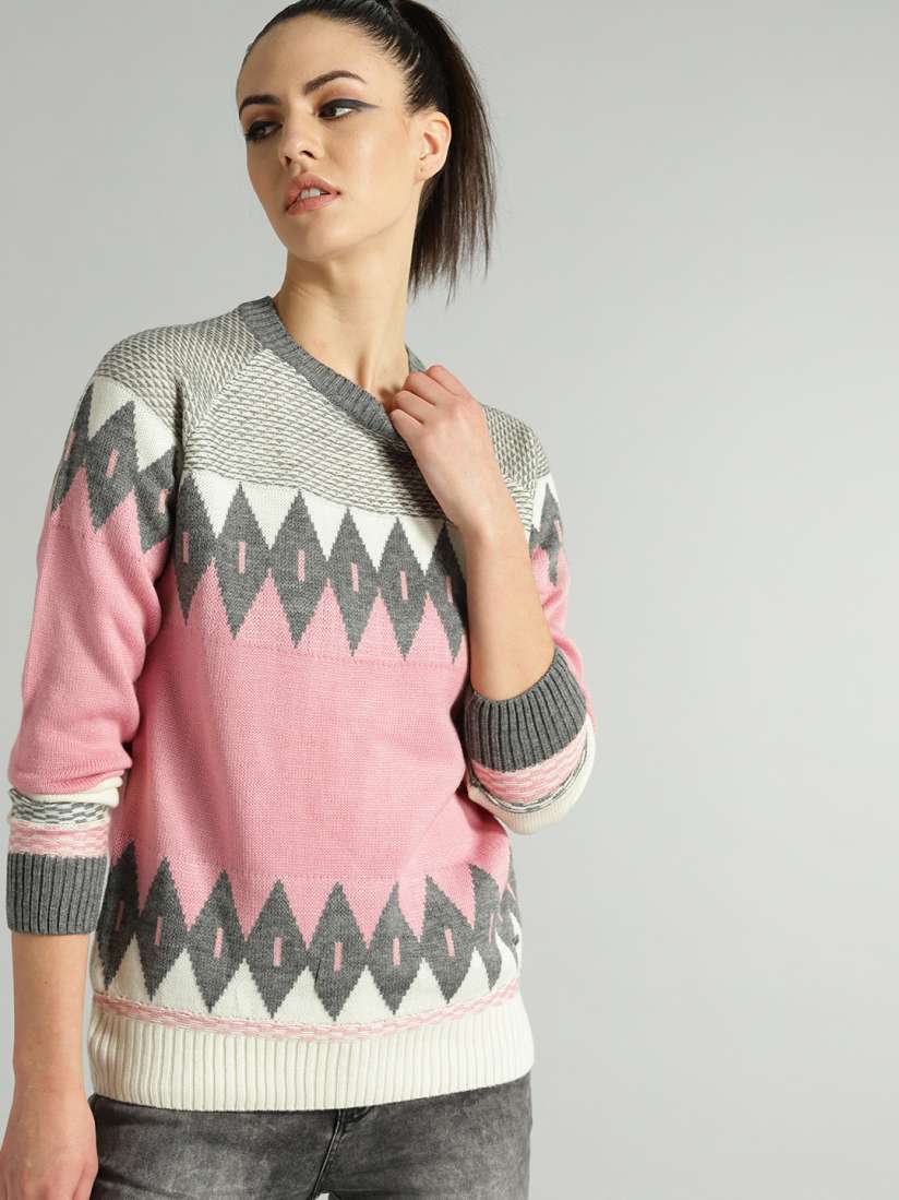 Buy The Roadster Lifestyle Co Women Pink Grey Self Design Sweater Sweaters for Women 9478733 Myntra