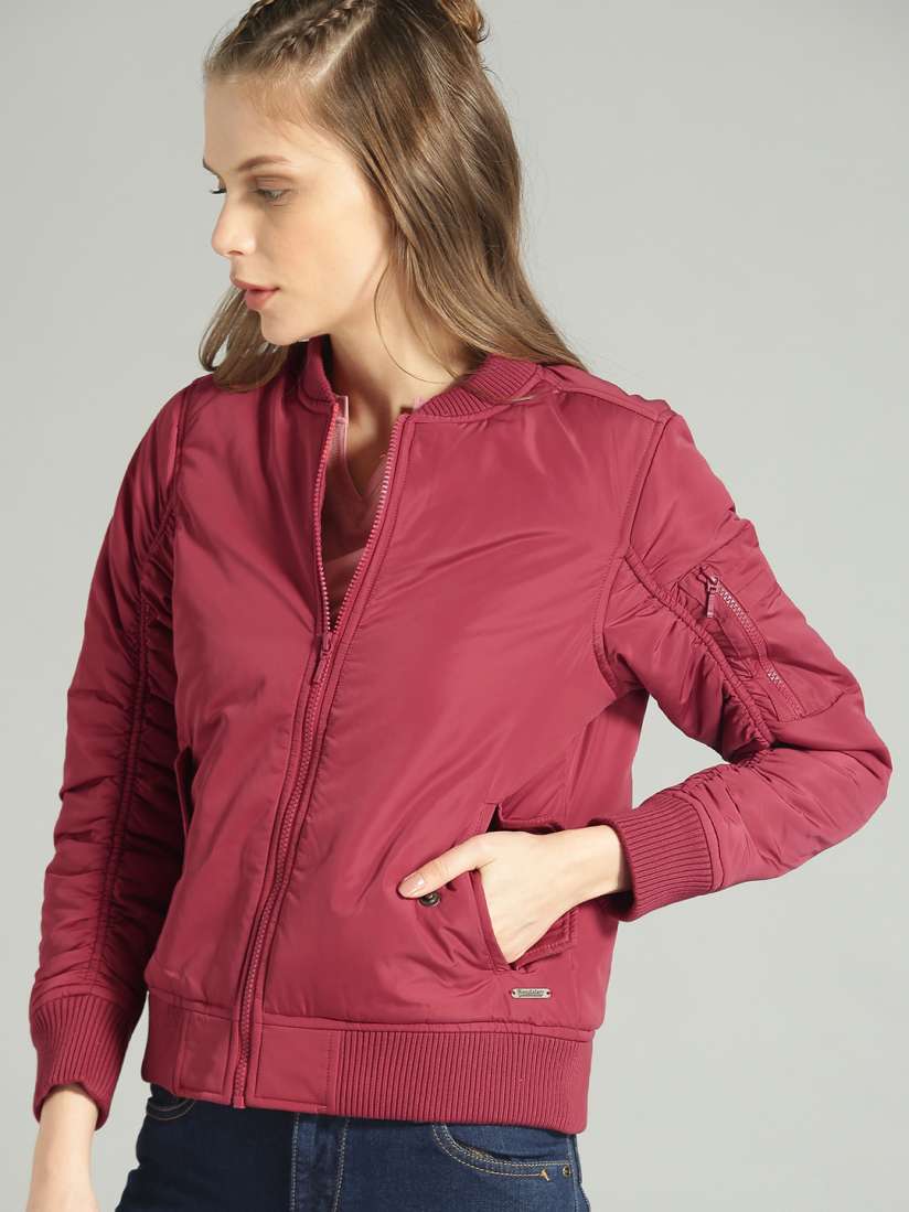 Buy The Roadster Lifestyle Co Women Maroon Solid Bomber Jacket Jackets for Women 9478833 Myntra