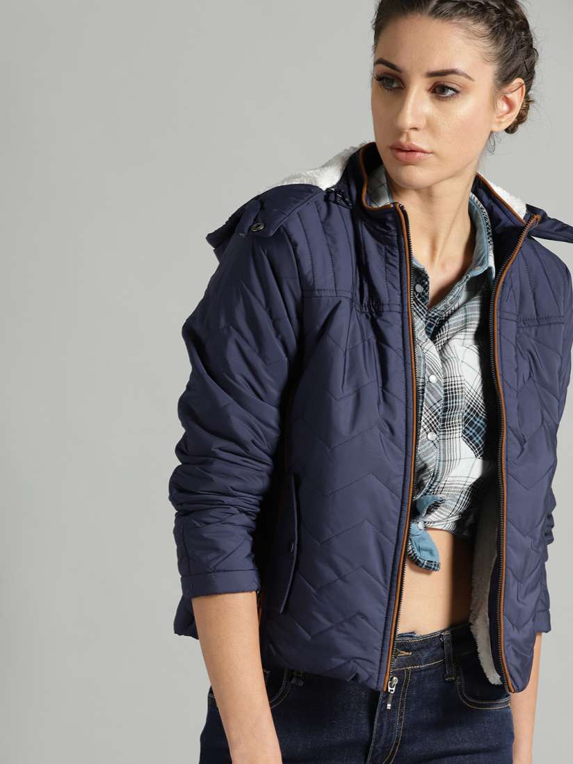 Buy The Roadster Lifestyle Co Women Navy Blue Solid Jacket with Detachable Hood Jackets for Women 9479033 Myntra