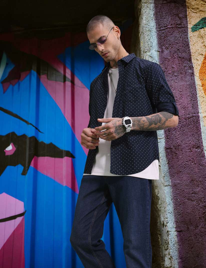Mens blue shirt with white polka dots clearance