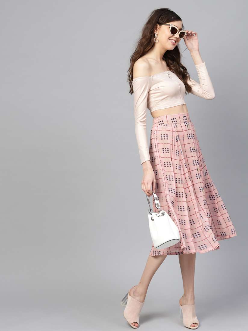 Buy SASSAFRAS Women Pink Black Checked Midi A Line Skirt Skirts for Women 9552721 Myntra