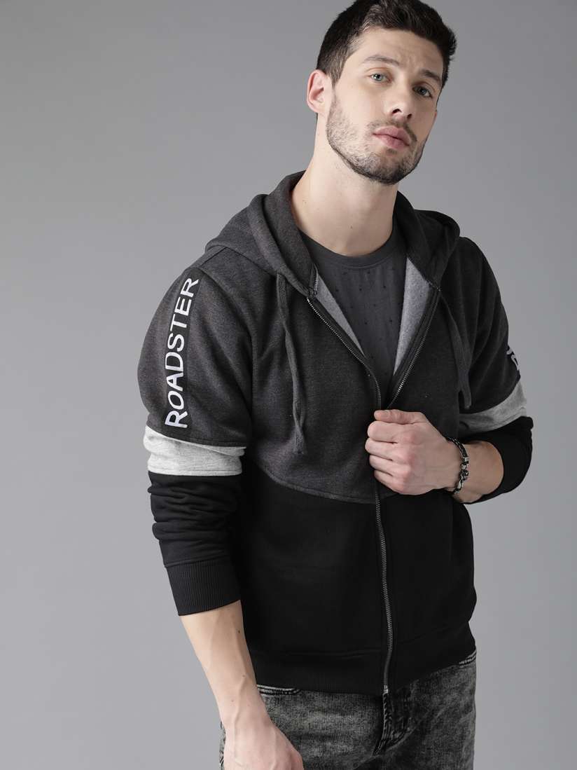 Buy The Roadster Lifestyle Co Men Charcoal Grey Black Colourblocked Hooded Sweatshirt Sweatshirts for Men 9564377 Myntra