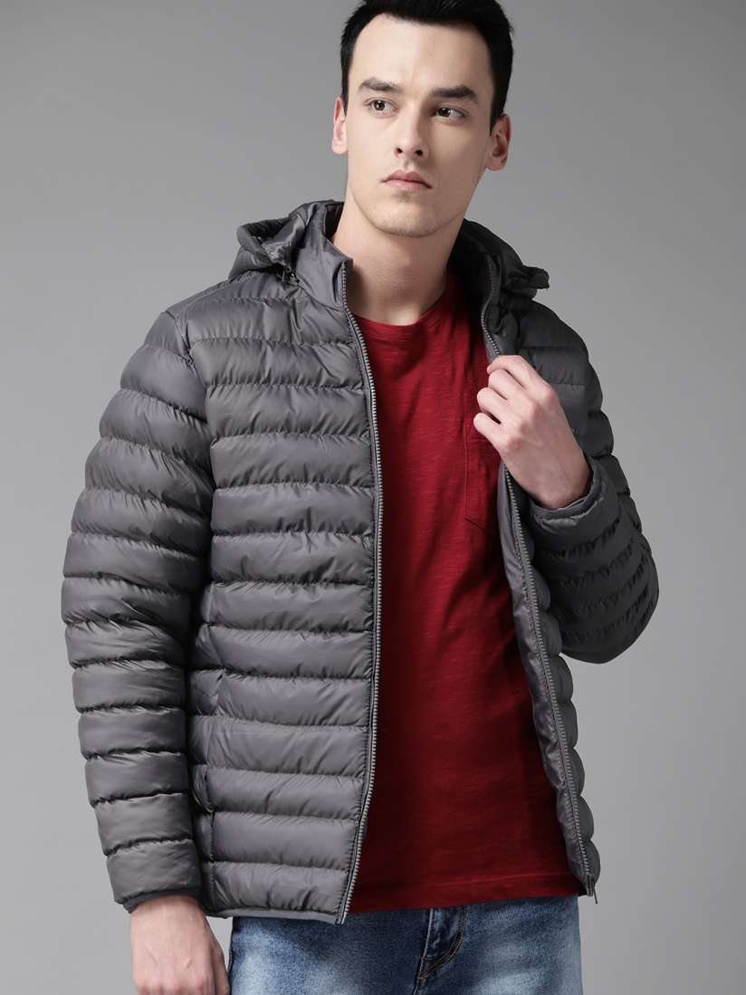 Buy The Roadster Lifestyle Co Men Charcoal Grey Solid Hooded Puffer Jacket Jackets for Men 9564431 Myntra