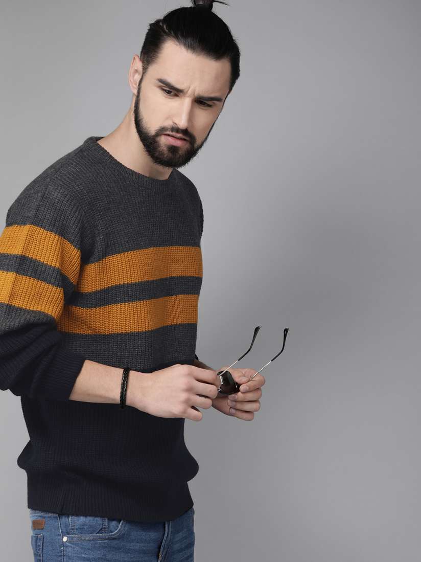 Buy The Roadster Lifestyle Co Men Charcoal Grey Rust Orange Striped Sweater Sweaters for Men 9585513 Myntra