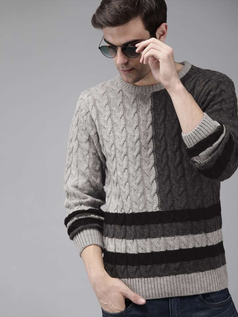 Buy The Roadster Lifestyle Co Men Grey Black Self Design Sweater Sweaters for Men 9585525 Myntra