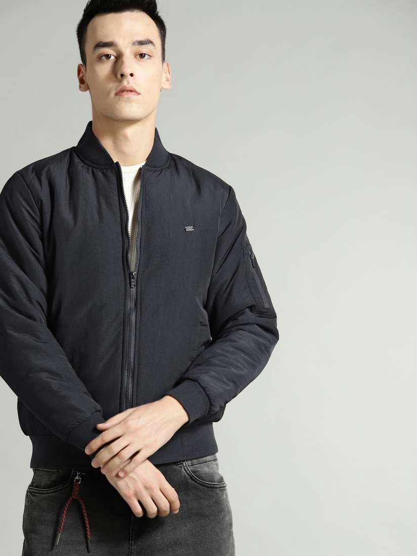 Roadster navy blue solid bomber jacket on sale