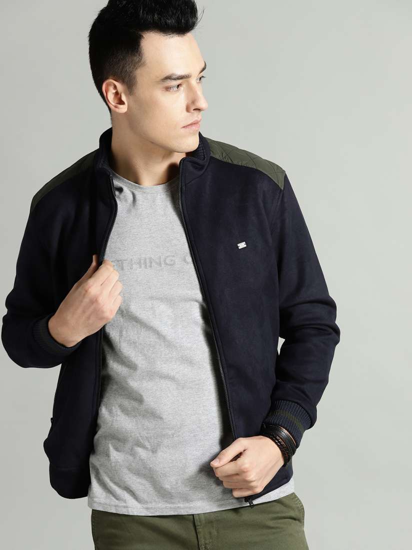 Roadster navy blue solid bomber jacket hot sale