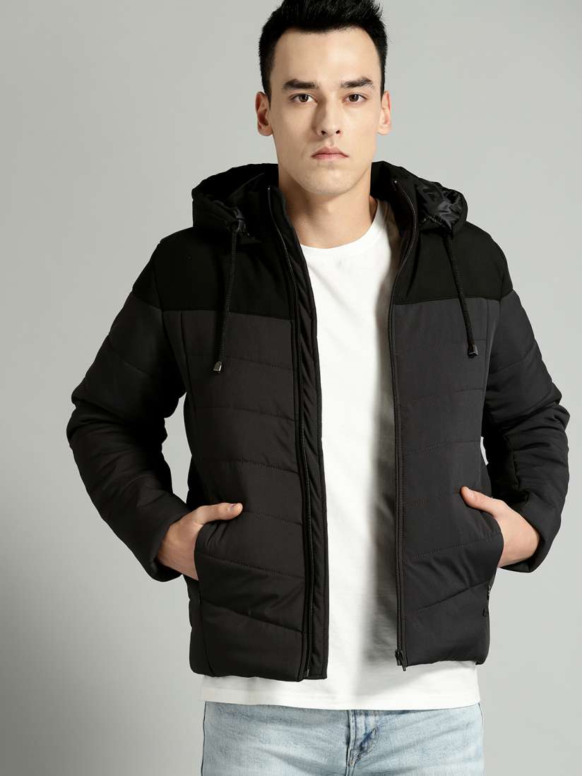 Roadster Men Charcoal Grey Black Colourblocked Padded Jacket