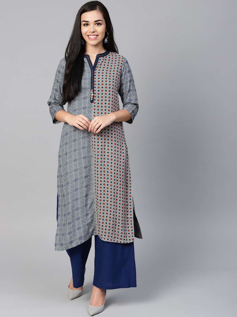 Buy Shree Women Grey Navy Blue Printed Straight Kurta Kurtas for Women 9595559 Myntra