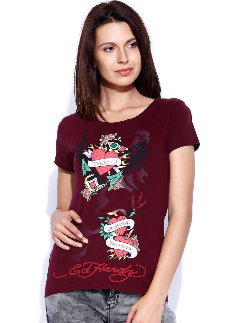 Buy Ed Hardy Maroon Printed Pure Cotton T shirt Tshirts for Women 968862 Myntra