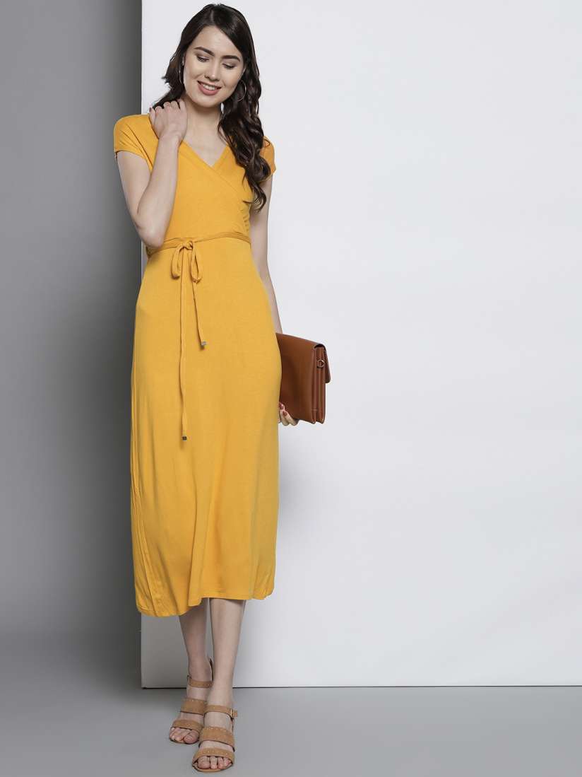 Buy DOROTHY PERKINS Women Petite Mustard Yellow Midi Wrap Dress Dresses for Women 9694119 Myntra
